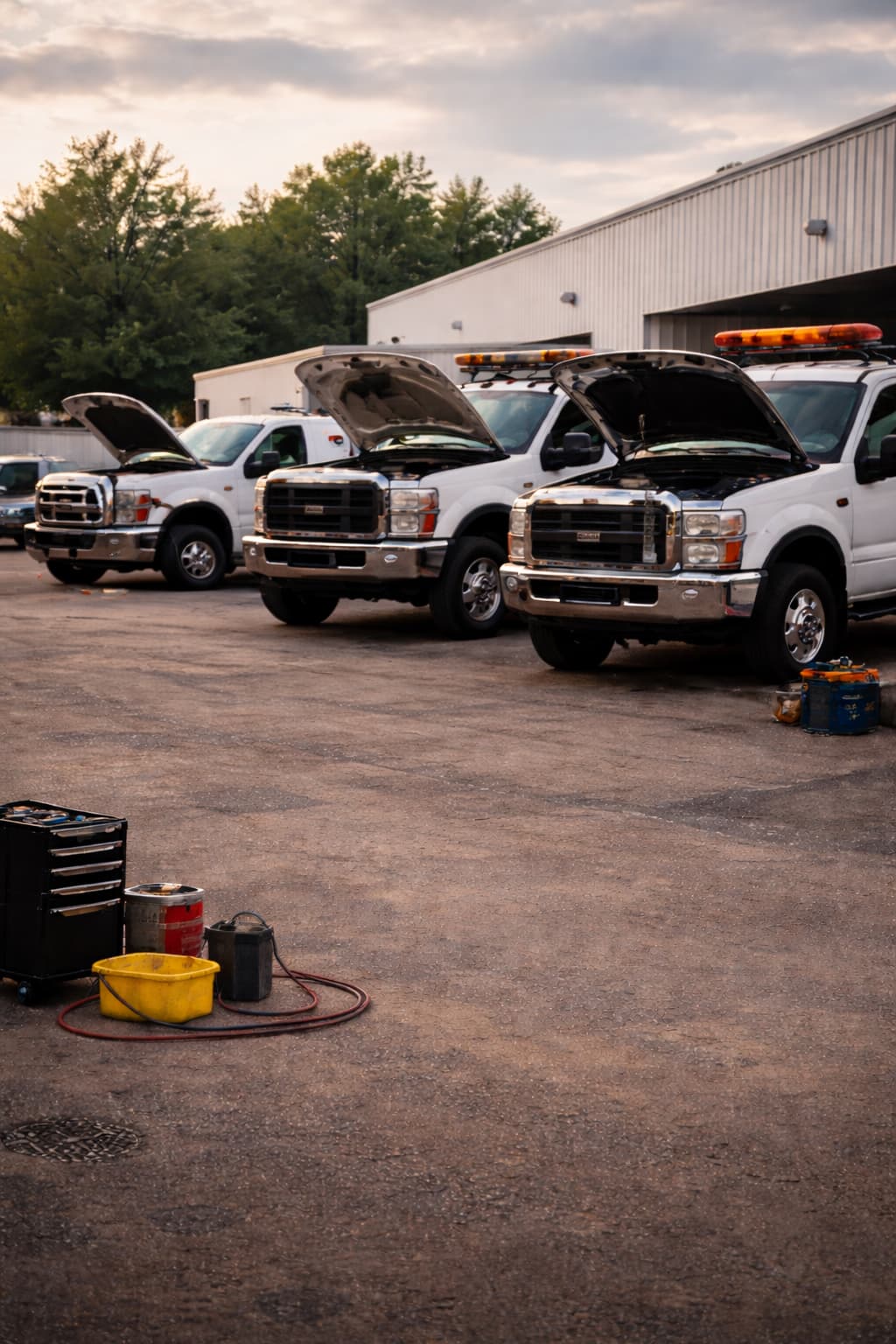 Fleet pickup trucks lined up with hoods open for service